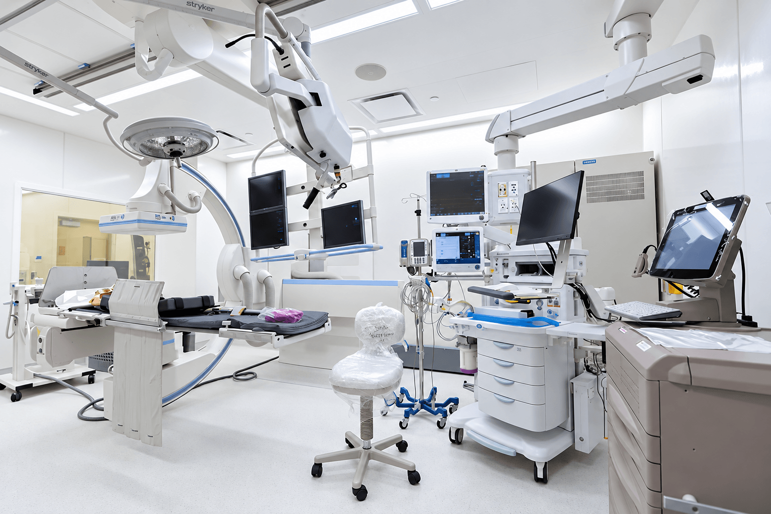 Endoscopy procedure room with treatment table, ceiling-mounted equipment and monitoring stations