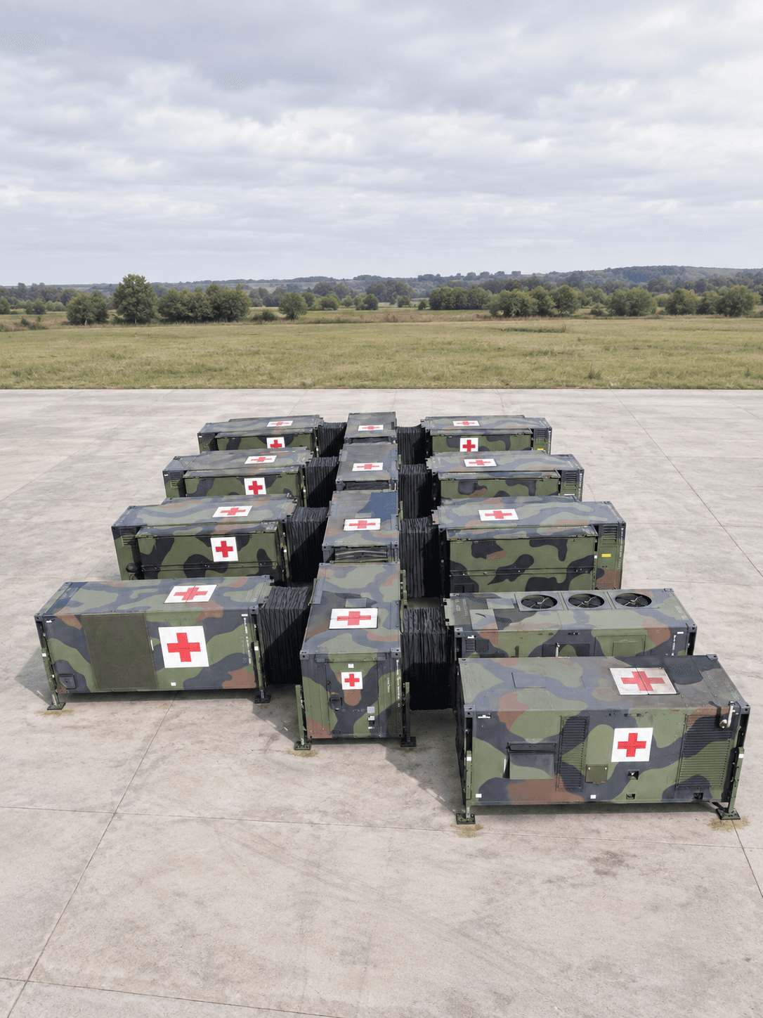 Visualization of connected field hospital modules on an outdoor operational apron