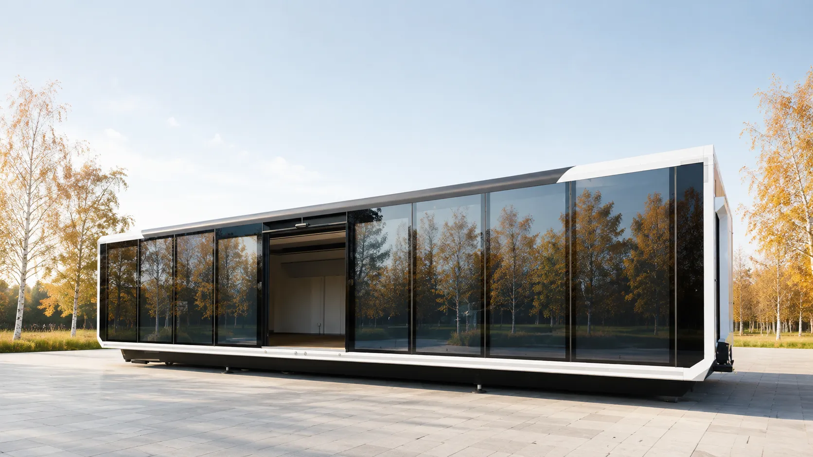 Visualization of a glass-fronted Vatoris expandable trailer among autumn trees